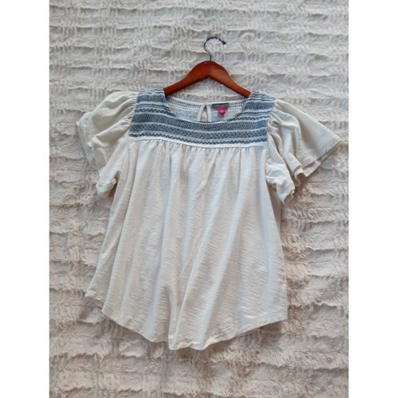 Vince Camuto Flutter Sleeve Peasant Top Size L Boho Chic Embroidered Cotton - Picture 6 of 9